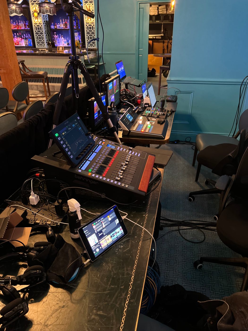 Audio and video production desk at a corporate event
