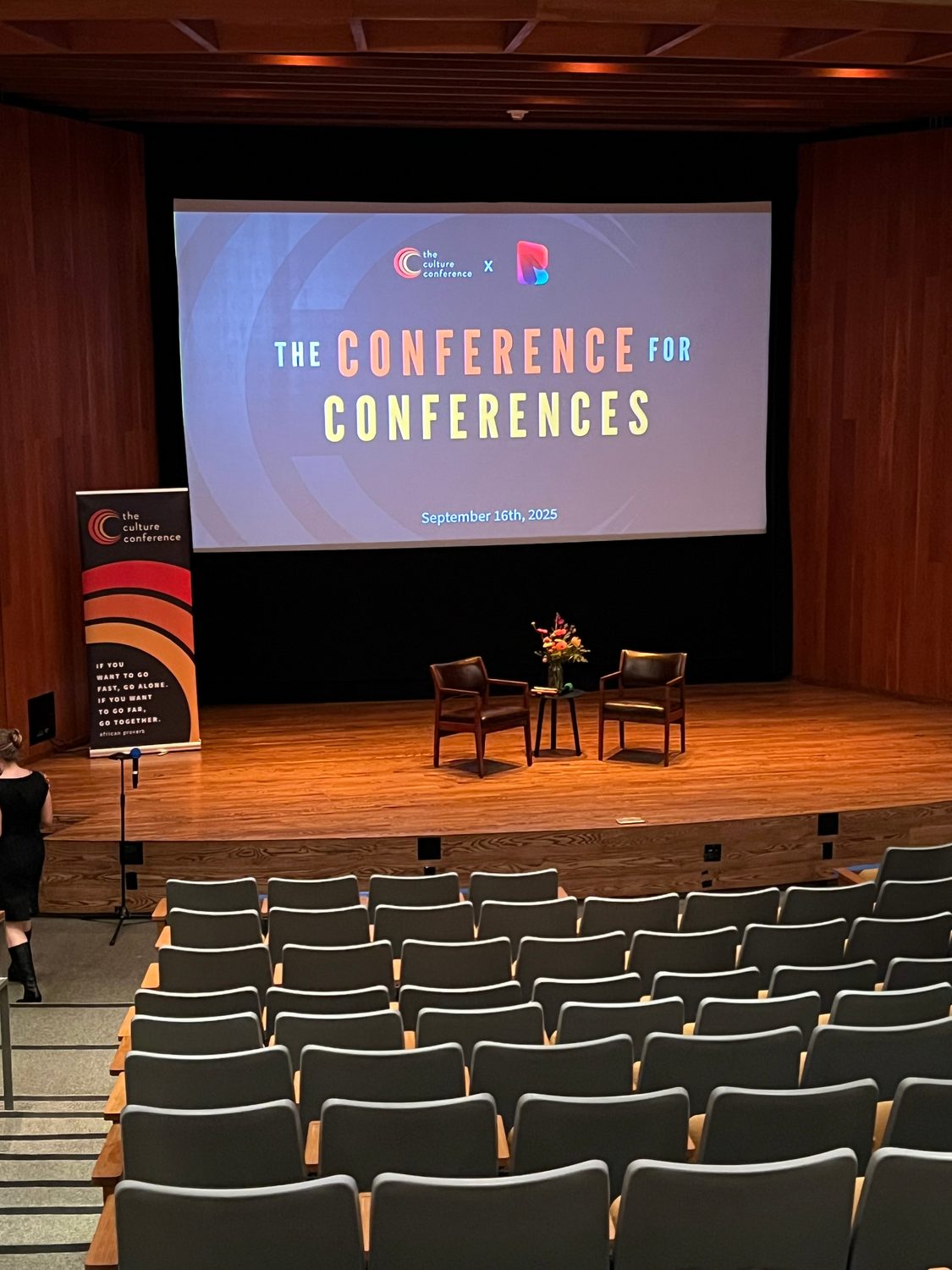 A conference auditorium set and ready before doors
